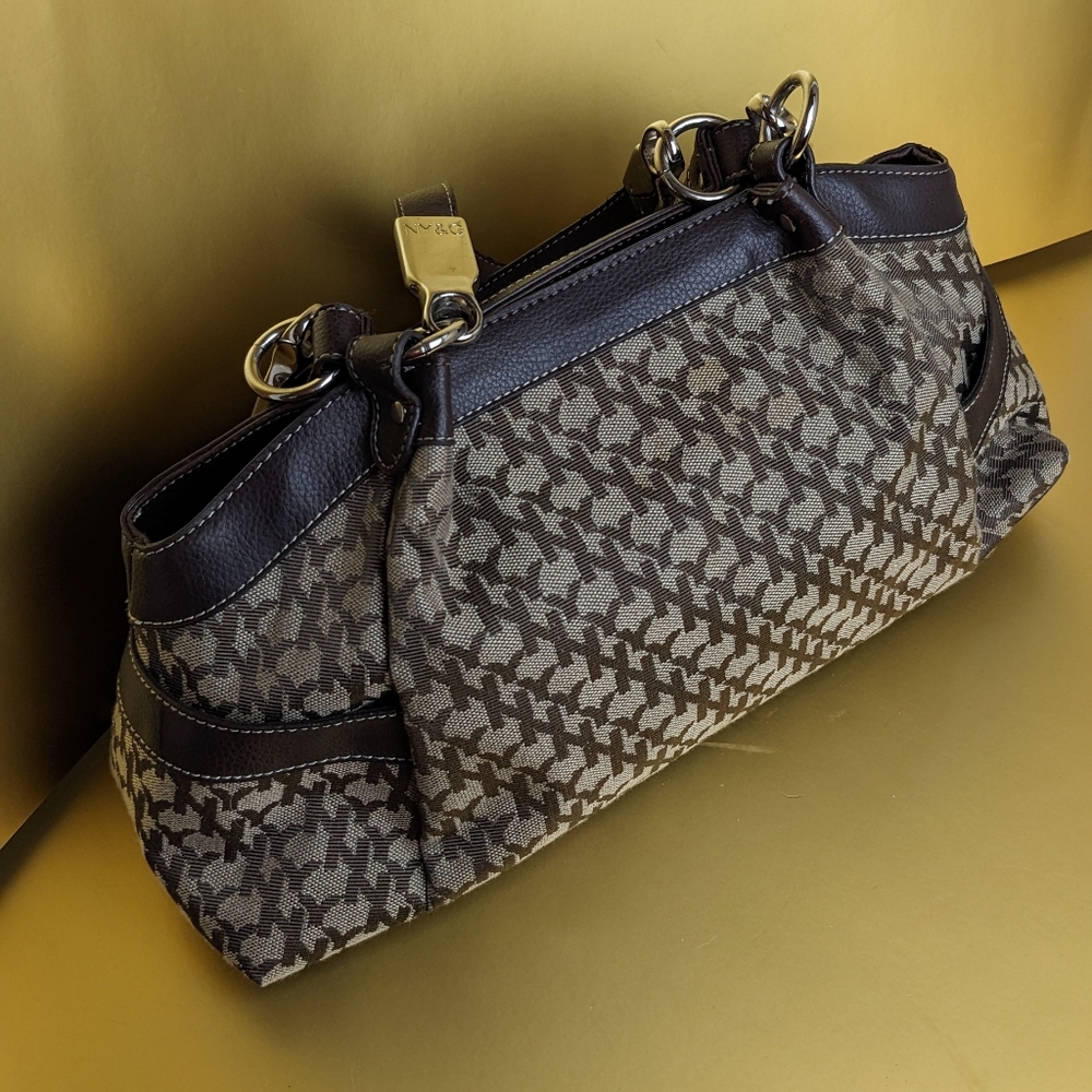 NY & C Monogram Med Size Handbag Purse Shoulder Bag Brown W/Silver Metal Trim